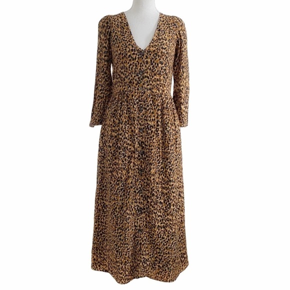 ZARA TRF LEOPARD BUTTON FRONT 3/4 SLEEVE V-NECK MAXI DRESS - XS - Picture 1 of 9